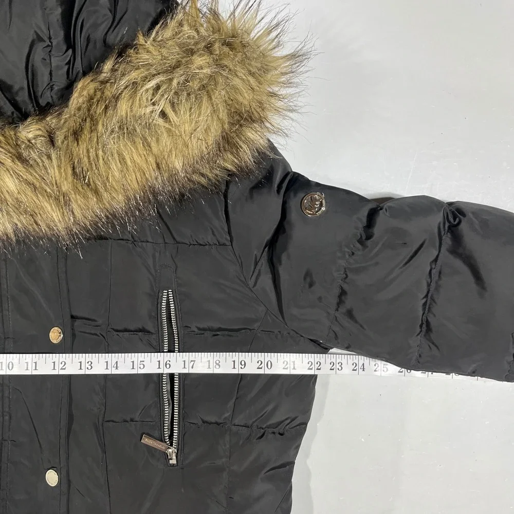 Michael Michael Kors Black Puffer Coat Faux Fur Hood Belted Winter Jacket Large